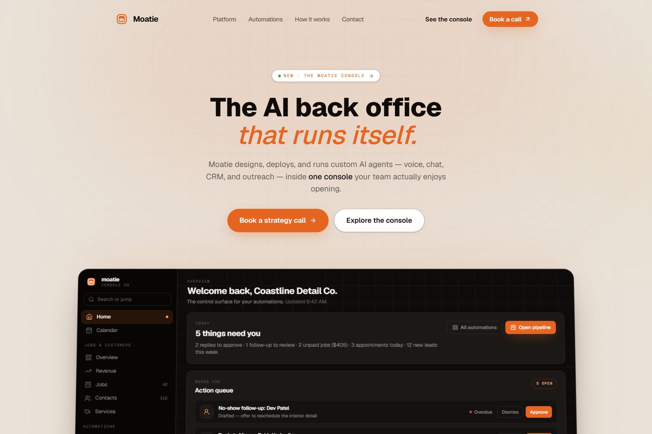 Moatie homepage: the headline The AI back office that runs itself